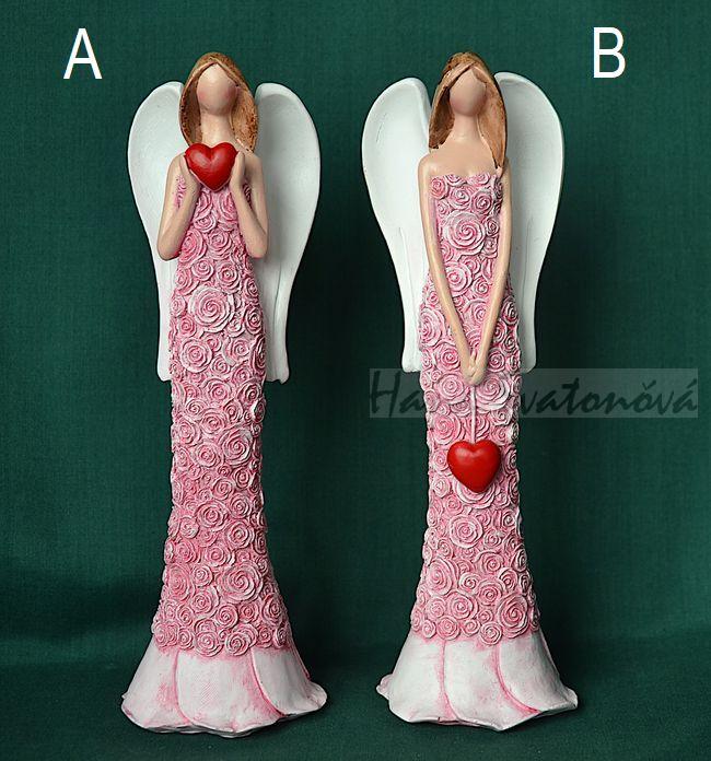 Anděl květ 2 se srdcem na šňůrce - výška 19cm